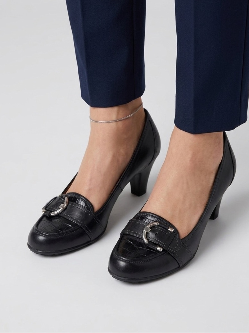 GNW Black Women's Leather Loafers with Silver Buckle Detail